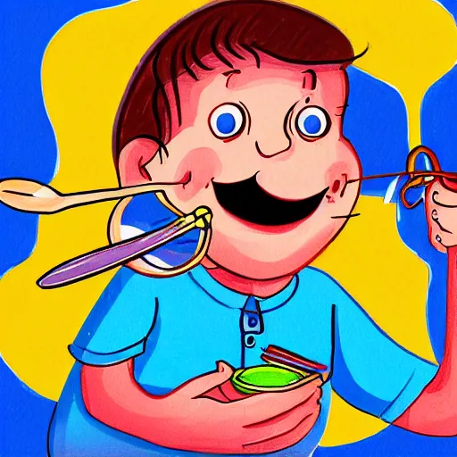 Prompt: happy boy with spoons in his nostrils, illustration, cartoonist, high detail, vibrant colours