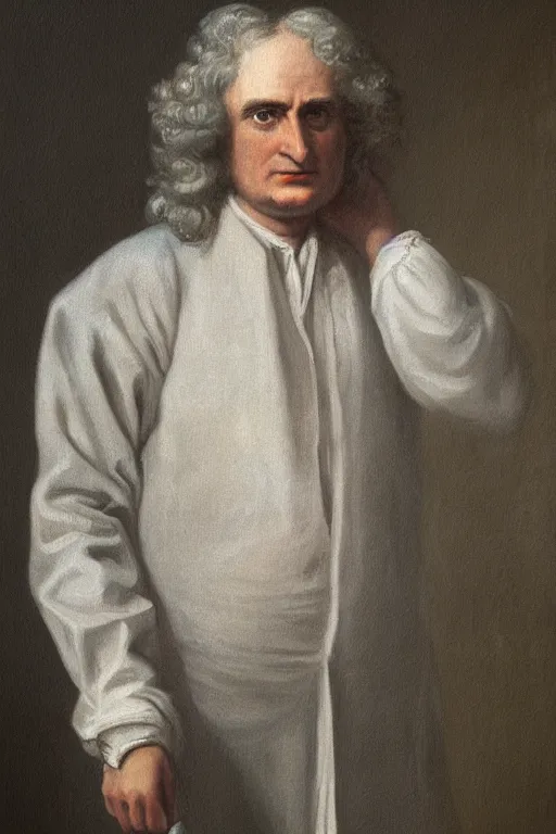 Image similar to Isaac Newton, father of physics, oil on canvas, intricate, portrait, 8k highly professionally detailed, HDR, CGsociety