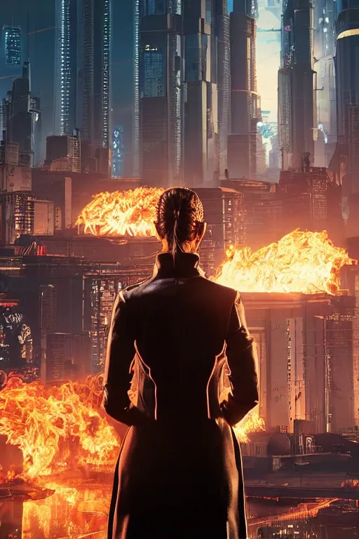 Image similar to in the foreground Saint Petersburg in cyberpunk, in the background a magnificent young blonde woman from behind playing with flames coming out of her hands wearing a long matrix-style jacket, realistic, high definition, many details, dramatic scene, symmetrical face, eyes realistic, cyberpunk art 2077