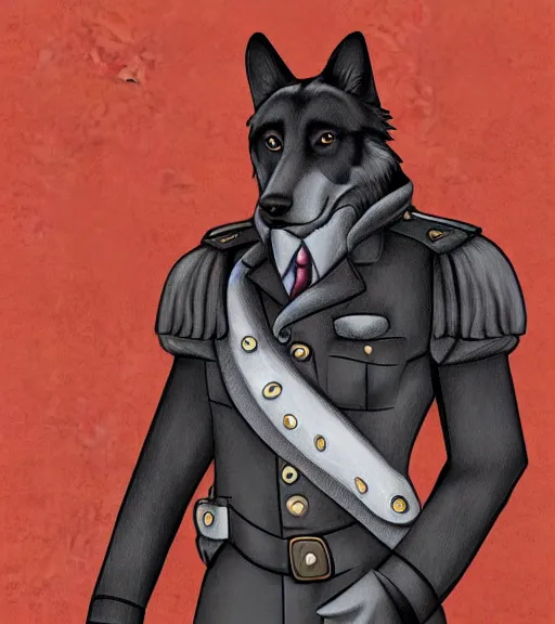 Image similar to expressive stylized master furry artist digital line art painting full body portrait character study of the anthro male anthropomorphic german shepard fursona animal person wearing clothes military general uniform