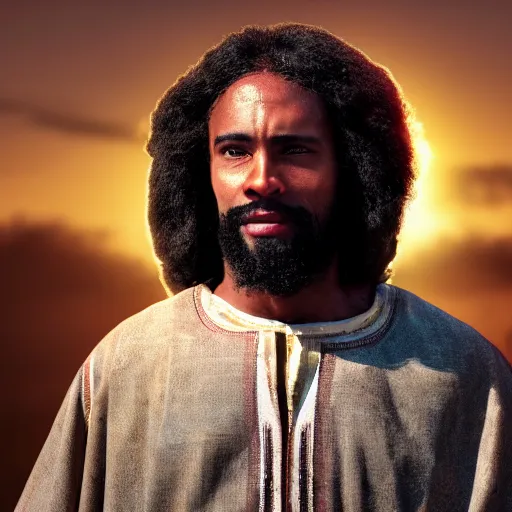 Image similar to african american jesus christ, movie still, portrait photograph style, 4k, warm light,