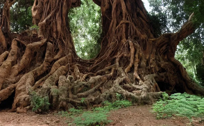 Prompt: secret entrance to giant ancient tree, background of indiana jones game