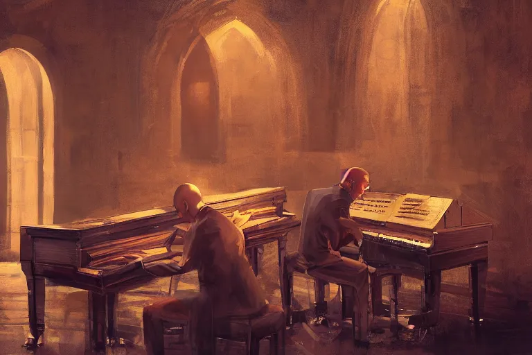 Image similar to an expressive portrait of agent 4 7 playing the piano in a monastery, dark background, red rim light, digital art, artstation, concept art by giger stalenhag