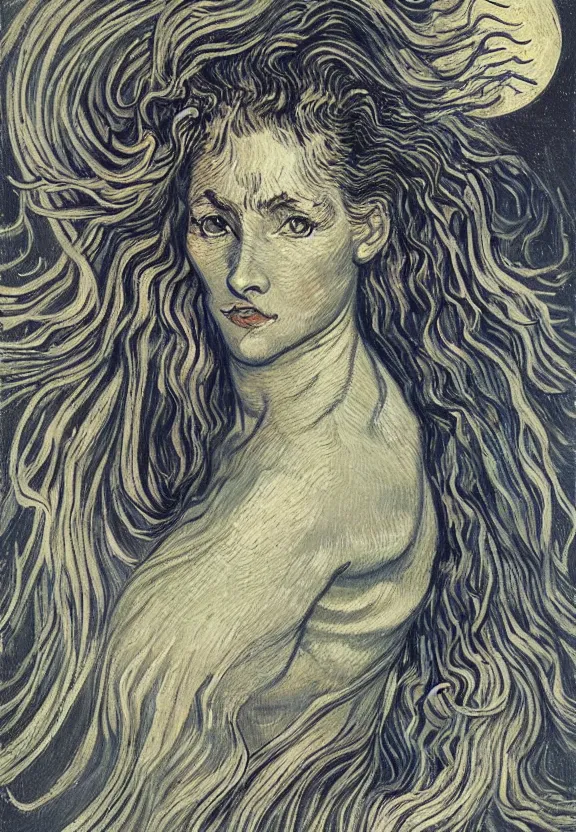 Image similar to perfectly centered portrait front view of a beautiful biomechanical moon goddess, flowing hair, intense stare, sweet sarcastic smile, symmetrical, concept art, intricate detail, volumetric shadows and lighting, realistic oil painting by van gogh, gustave dore,