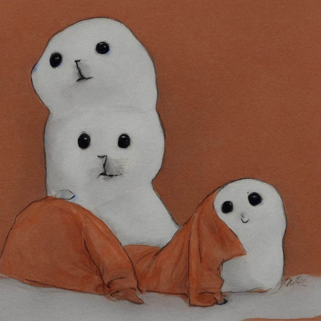 Image similar to a baby harp seal in an orange prisoner jumpsuit at the witness stand, courtroom sketch