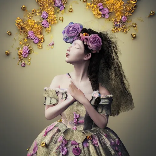 Image similar to 8k, octane render, realism, tonalism, renaissance, rococo, baroque, portrait of a young lady wearing long harajuku manga dress with flowers and skulls, background chaotic gold leaf flowers