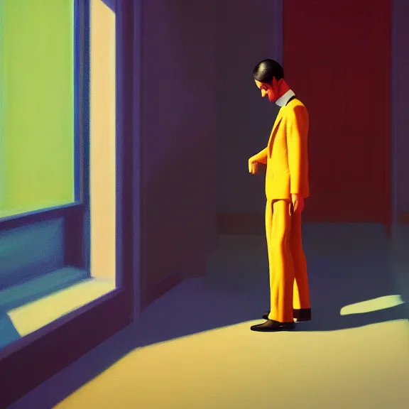 Prompt: beautiful illustration of a the artist formerly known as Prince by Edward Hopper, clean lines, very detailed, colorful octane render