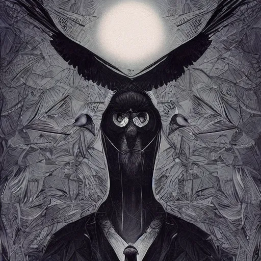 Image similar to a simple crow painting by Android Jones and M. C. Escher collaboration, futurist, digital art, dramatic lighting