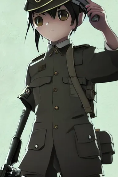 Image similar to beautiful little boy in nazi male uniform posing with an gun. made in abyss art style, sharps focus, cute detailed artwork, anatomically correct, ilya kuvshinov, reflection, perfect composition, wallpaper mobile, digital art, detailed anime soft face, symmetrical face, western comic, illustration, realistic, smooth, lois van baarle, soft details, illumination