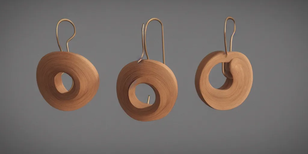 Image similar to earring design, jewelry design, wood, nordic, material, product design, trending on artstation, cgsociety, photo realistic, design by ziva cph and isabel lennse and lulu copenhagen, 8 k, unreal engine, c 4 d