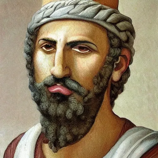 Image similar to portrait of ancient silly greek man with sharp nose. fine detail. artistic painting by lurid