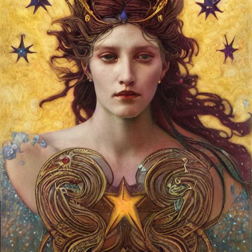 Prompt: queen of the moon with stars in her hair, by tino rodriguez and annie swynnerton and nicholas roerich and jean delville and donato giancola and tom bagshaw and evelyn demorgan, dramatic lighting, floral tattoos, rich colors, smooth sharp focus, extremely detailed, adolf wolfli