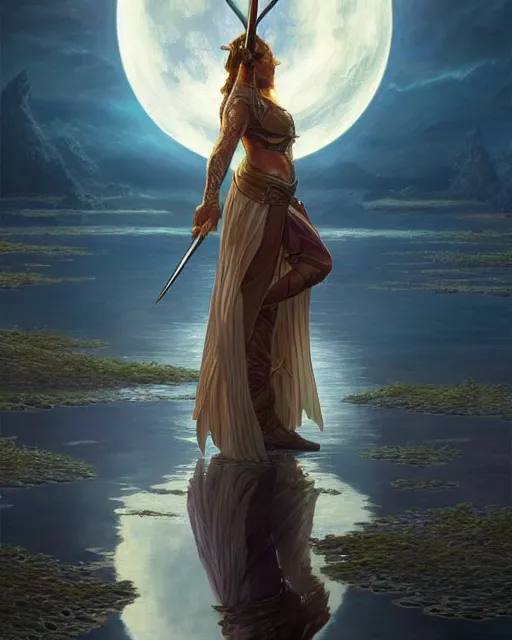 Prompt: a magic sword rising from the middle of a lake under a giant full moon, rippling reflections, western, D&D, fantasy, intricate, elegant, highly detailed, digital painting, artstation, concept art, matte, sharp focus, illustration, art by Artgerm and Greg Rutkowski and Alphonse Mucha, masterpiece, stunning, artstation