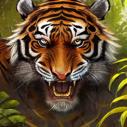 Prompt: a very high detailed tiger face on a standing muscular human body, wearing a very detailed golden kings crown, tattoo on shoulder, standing in a highly detailed jungle, digital art, concept art, greg rutkowski, Nikolai Karelin, Hou China, trending artstation