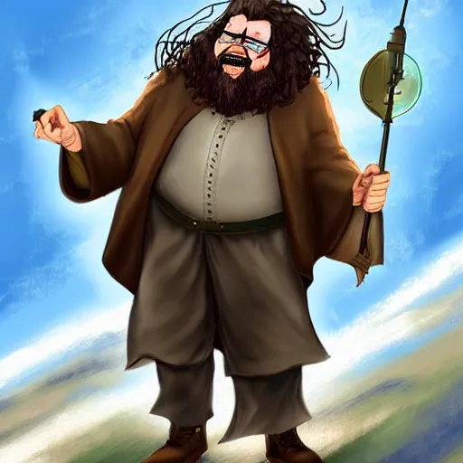 Image similar to Digital art of Hagrid from Harry Potter dabbing while zooming through the stratosphere, trending on ArtStation