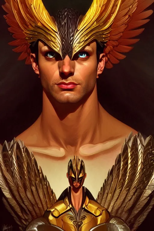 Prompt: a portrait of hawkman, fantasy, sharp focus, intricate, elegant, digital painting, artstation, matte, highly detailed, concept art, illustration, ambient lighting, art by ilya kuvshinov, artgerm, alphonse mucha, and greg rutkowski