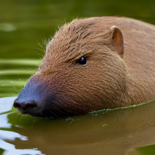 Image similar to capybara sitting in a pond, duckling on its head