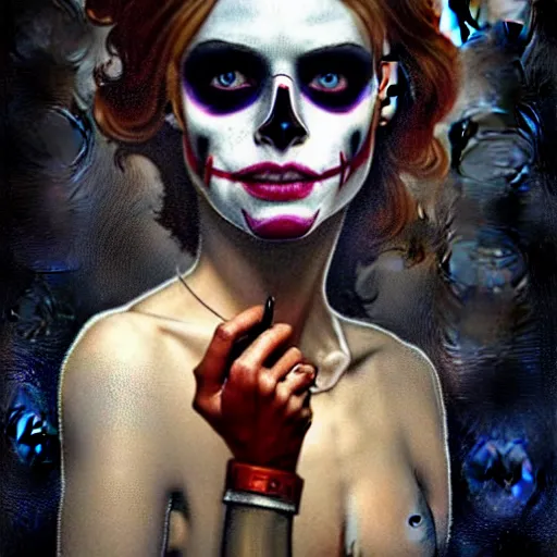 Prompt: in the style of Norman Rockwell and Charlie Bowater, Samara Weaving with skull face paint, symmetrical face, symmetrical body, holding a shotgun, in an alleyway during The Purge, night time dark with neon colors, fires