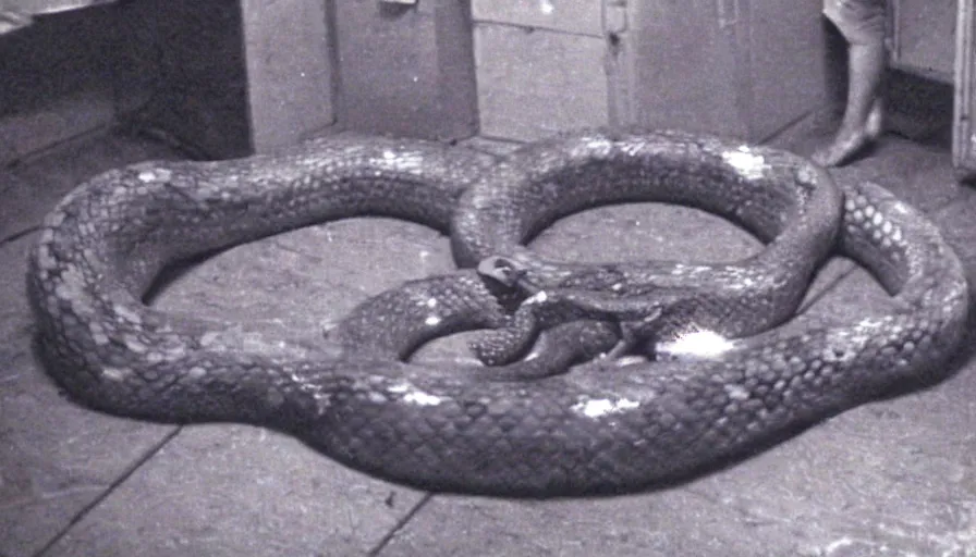 Prompt: a huge snake a man in a stalinist style kitchen, by mini dv camera, very very low quality, heavy grain, very blurry, accidental flash, webcam footage, found footage, security cam, caught on trail cam