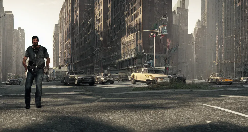 Prompt: the german shepherd of i am legend in new york, comic style of max payne, octane render, unreal engine, sundown, empty streets