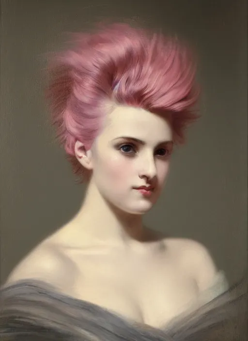 Prompt: a detailed portrait of young woman with a mohawk by edouard bisson, pink hair, punk rock, looking at the camera, oil painting, muted colours, soft lighting