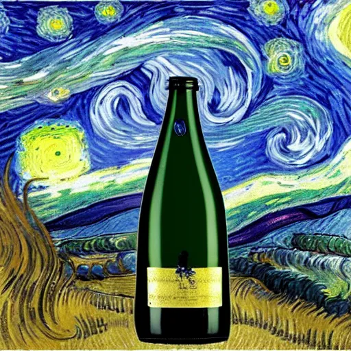 Image similar to a bottle on display filled by the sky painting by van gogh starry night, by van gogh