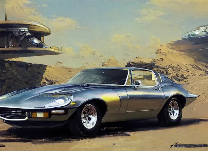 Prompt: ( ( ( ( ( 1 9 8 2 pontiac trans am, jaguar e - type, car concept art, sci - fi illustration, painting ) ) ) ) ) by vincent di fate and john berkey!!!!!!!