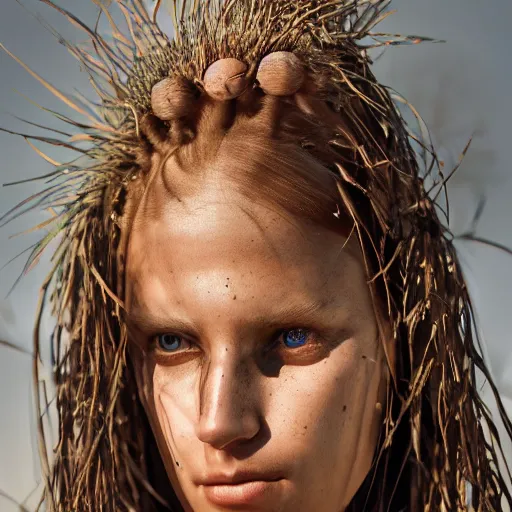 Image similar to portrait of a stunningly beautiful caucasian tribal female, depth of field, zeiss lens, detailed, symmetrical, centered, fashion photoshoot, by Annie Leibovitz and Steve McCurry, David Lazar, Jimmy Nelsson, Breathtaking, 8k resolution, extremely detailed, beautiful, establishing shot, artistic, hyperrealistic, beautiful face, octane render