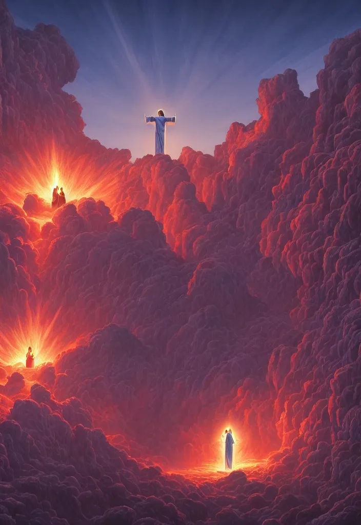 Image similar to jesus descends into hell by dan mumford, yusuke murata and makoto shinkai, 8k, cel shaded, unreal engine, featured on artstation, pixiv