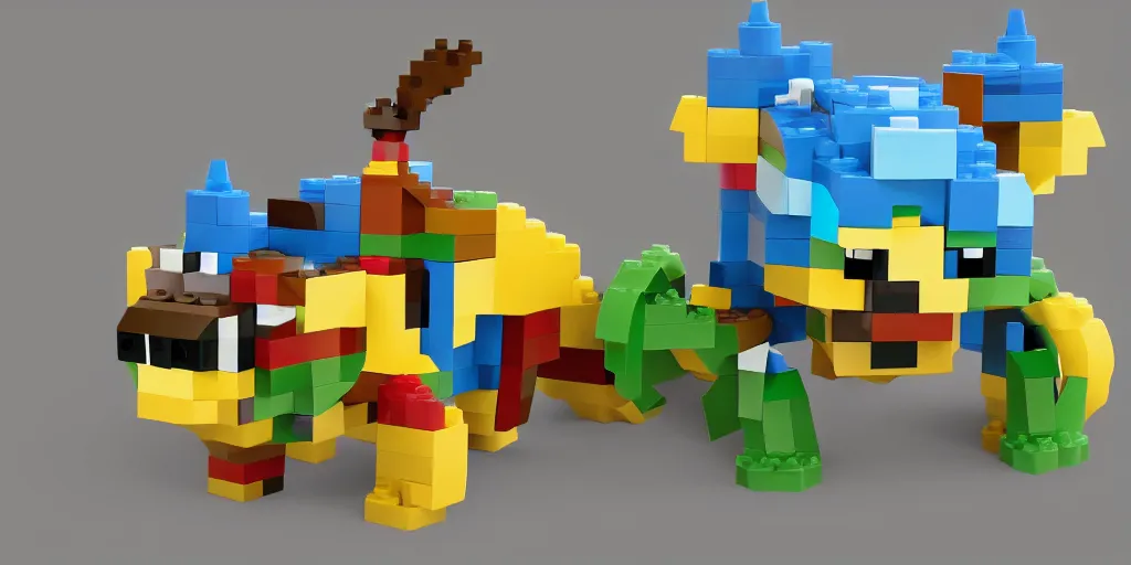 Image similar to tiny creature made of one brick, big round cute eyes, quadrupedal, cute looking, blocky shape, kawaii, sharp focus, character, game concept art, blocky, lego mixels, flat toon style like katamari damacy inspired, pokemon inspired, promotional poster art, high quality voxel render