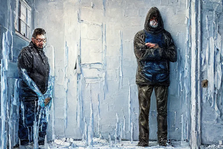 Image similar to palette knife oil painting of a patient at a mental asylum who is frozen with ice, standing in a frozen corridor, extreme detail, artstation trending, artgerm, any racial background, deviant art, octane, substance, art history 8 k