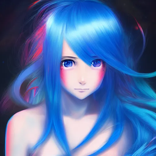 Image similar to advanced digital anime art, a very cute gorgeous teenage girl with a body made of fire and ice , full body, very long snow colored hair, sky blue highlights in hair, red fiery watery eyes, full round face, dramatic cinematic lighting, wideshot, highly intricately detailed, trending on pixiv, Artstation,