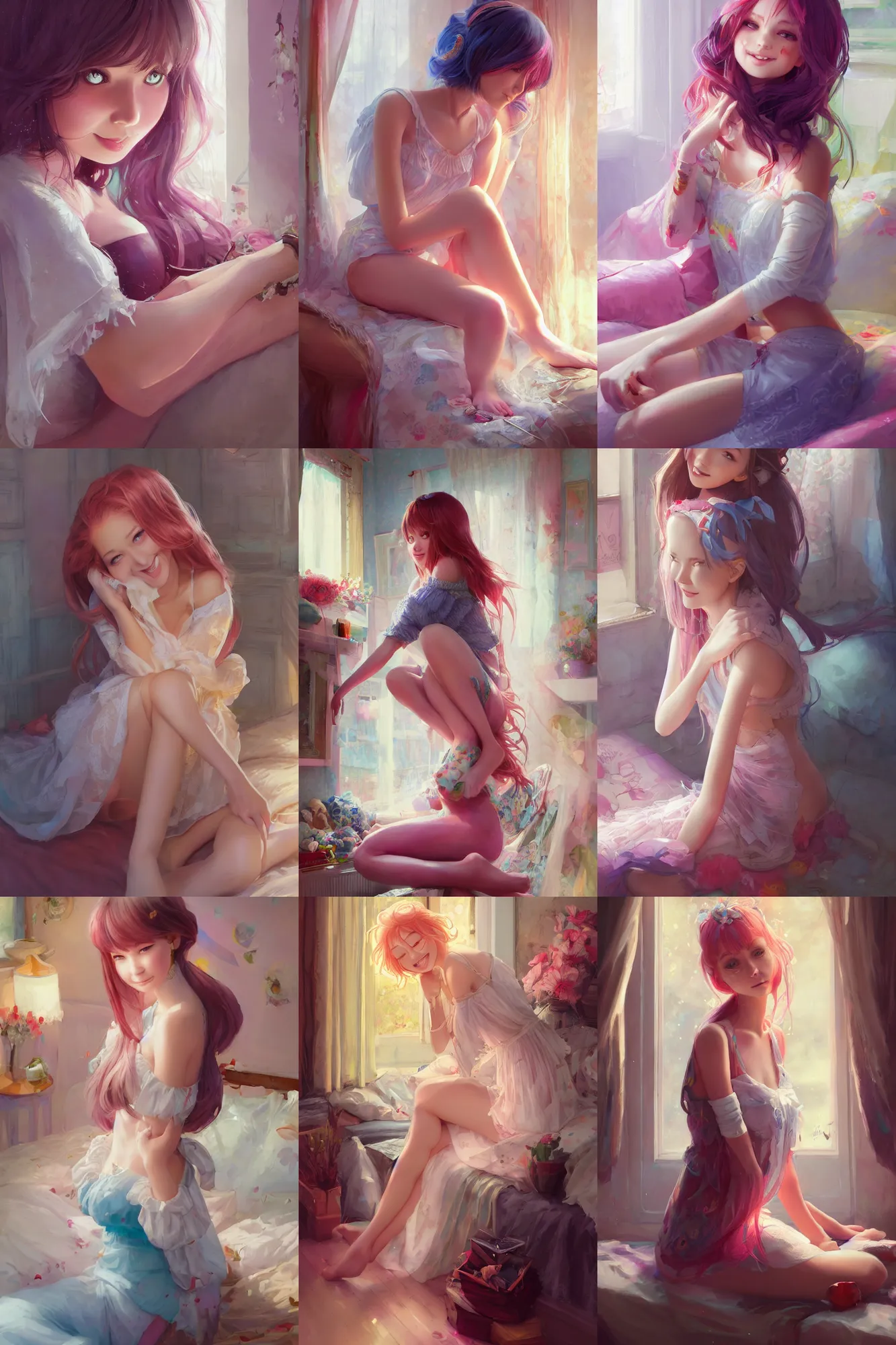 Prompt: a beautiful lovesick girl sitting in her bedroom | | cute - fine - subtle smile, colorful hair, face, pretty face, fine details by stanley artgerm lau, wlop, rossdraws, james jean, andrei riabovitchev, marc simonetti, and sakimichan, trending on artstation