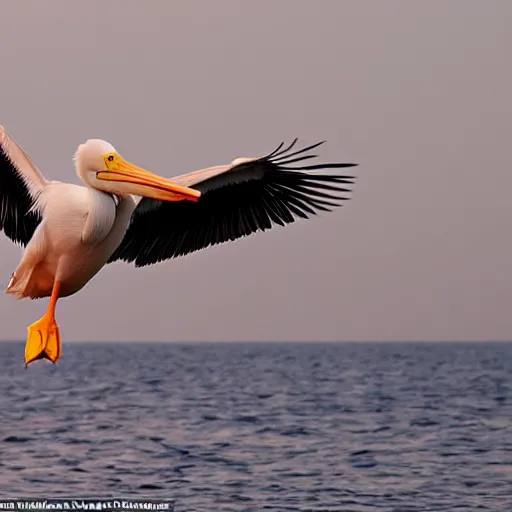 Prompt: award - winning photo of a white pelican in flight as seen from below. in the background we see the ocean and a pinkish hue sunset