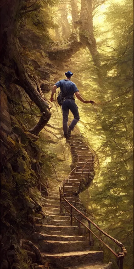 Image similar to a man walking up a steep and impossible staircase, in beautiful woods, intricate, elegant, highly detailed, oil painting, artstation, concept art, sharp focus, beautiful illustration, cgsociety, by justin gerard and artgerm, 4 k