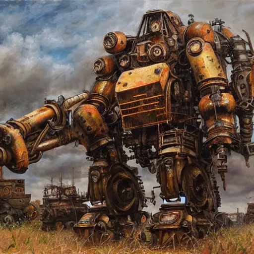 Image similar to oil painting of a huge rusting mech, that resembles a mechanical gorilla, highly detailed, complex, intricate by james gurney