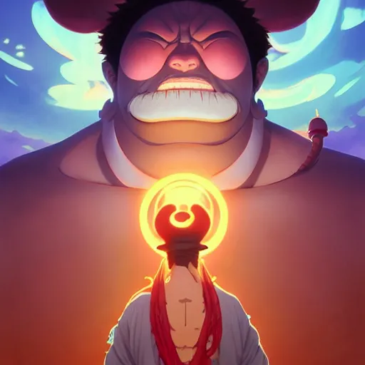 Image similar to jinbe by eiichiro oda!, greg rutkowski, loish, rhads, beeple, makoto shinkai, tom bagshaw, alphonse mucha, sharp focus, art by artgerm and greg rutkowski, stanley kubrick, backlit, harsh overhead sunlight,