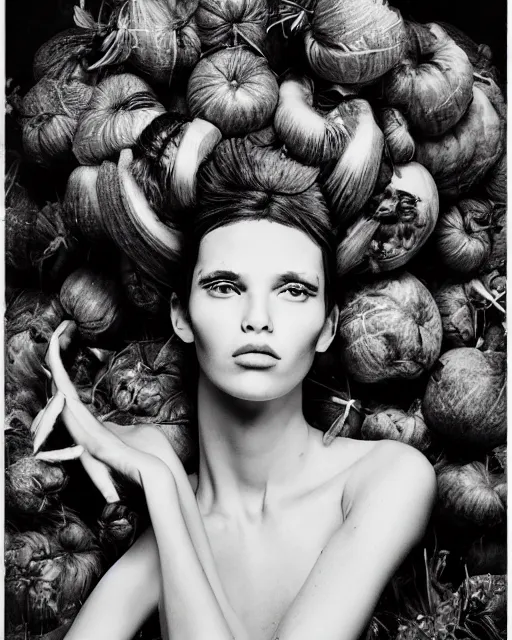 Image similar to a bountiful springtime harvest, a conceptual surrealist punk hairstyle for girls, by steven meisel, sigma 35mm f/8