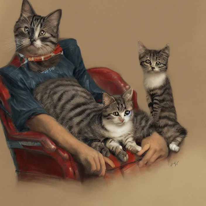 Image similar to a highly detailed painting of an animorphism cat sitting in chair petting a small bald human on his lap, 8k, trending on artstation
