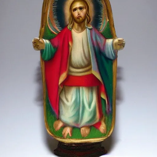 Prompt: holy roman chalkware baby Jesus antique painted sacred Catholic pearlescent coloring