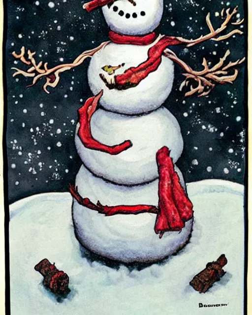 Image similar to snowman made of meat, art by beksinksy, bernie wrightson