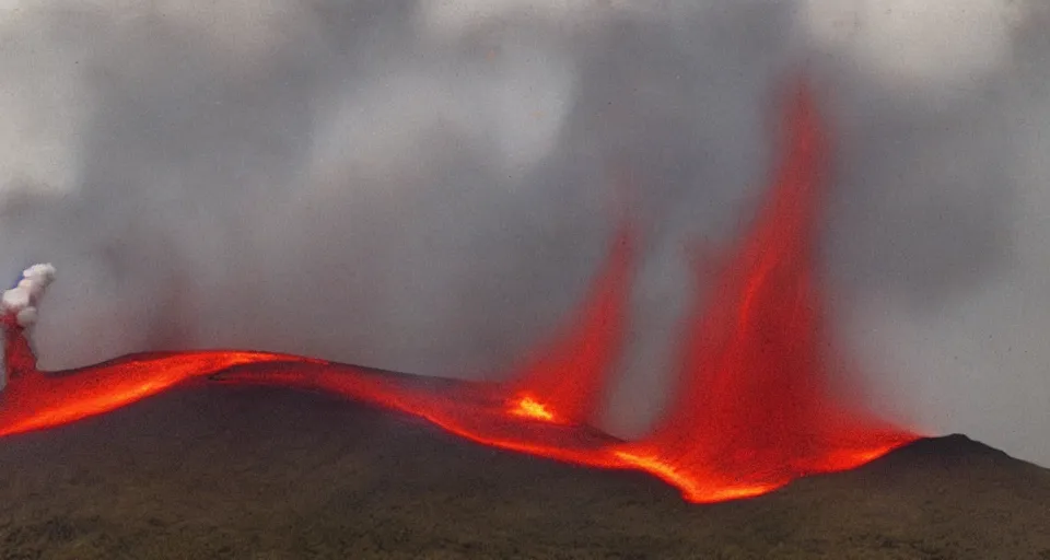 Prompt: a volcano made of ivory vines and crimson rocks enters in eruption, it spits a smoke in the shape of demonic eye, by burns jim