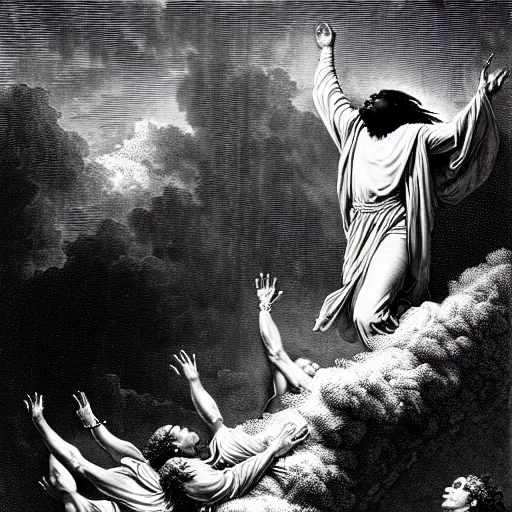 Image similar to chief keef ascending into heaven, biblical image, style of gustave dore, highly detailed, beautiful, high contrast