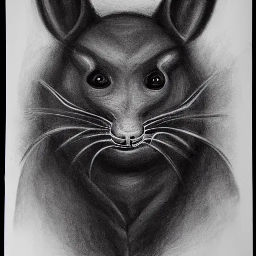 Image similar to a charcoal portrait of a person wearing a rat mask