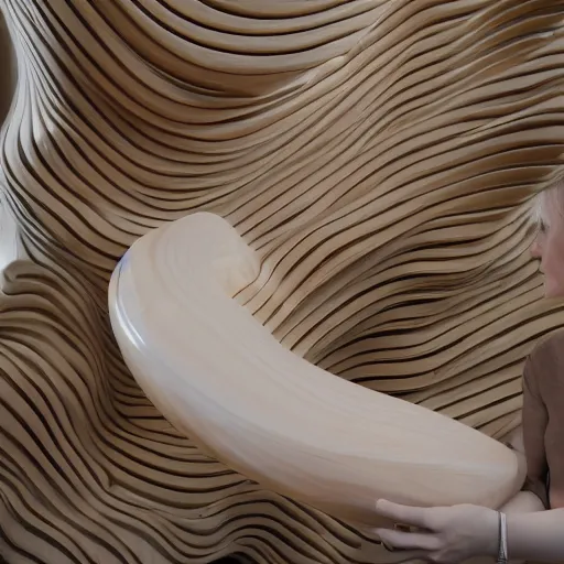 Prompt: A installation art. A rip in spacetime. Did this device in her hand open a portal to another dimension or reality?! alabaster, chestnut by Frank Gehry curvaceous