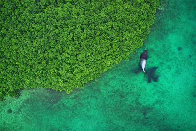 Prompt: a gigantic whale swimming over the green forest, aerial photography by yann arthus bertrand