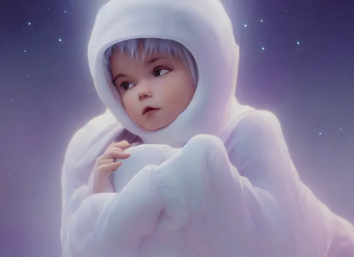 Image similar to angel baby cherub, wearing a balaclava, ski mask face, covered face, face covered, role in a musical sci - fi space opera ghibli animated film, volumetric lighting, octane render by stanley artgerm lau, greg rutkowski, thomas kindkade, alphonse mucha, loish, norman rockwel,