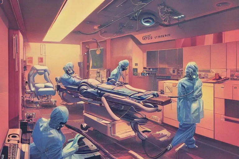 Image similar to 1979 OMNI Magazine Cover depicting a cyberware surgery operating room in a garage Cyberpunk Akira style by Vincent Di Fate