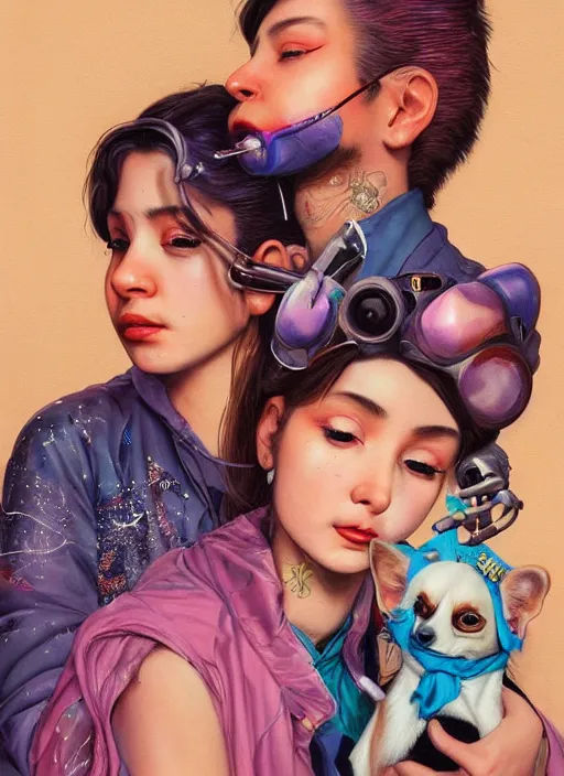 Prompt: beautiful portrait painting of a beautiful attractive Western lofi cyberpunk princess and her corgi assassin king being happy, by Afarin Sajedi, Alessandro Barbucci, Alex Gross, Shin Jeongho, Shohei Otomo. trending on Artstation, 8k, masterpiece, face enhance, graffiti paint, fine detail, full of color, intricate detail, golden ratio illustration