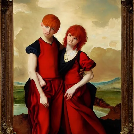 Prompt: red hair twins boy and girl as a baroque painting